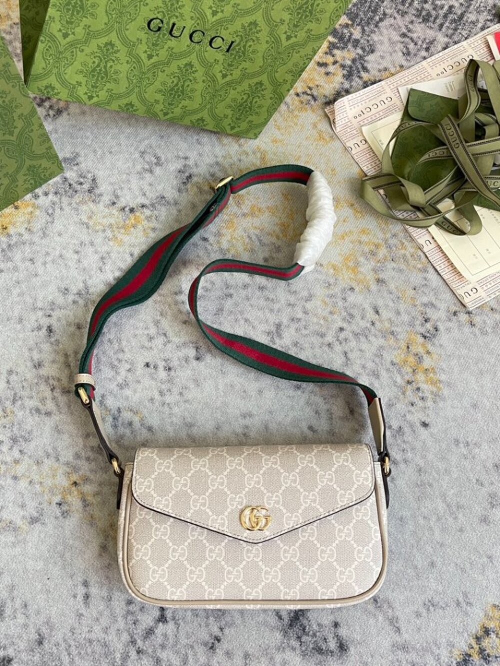 Gucci Ophidia Pochette White GG Canvas Crossbody-Beige - Picture 6 of 9